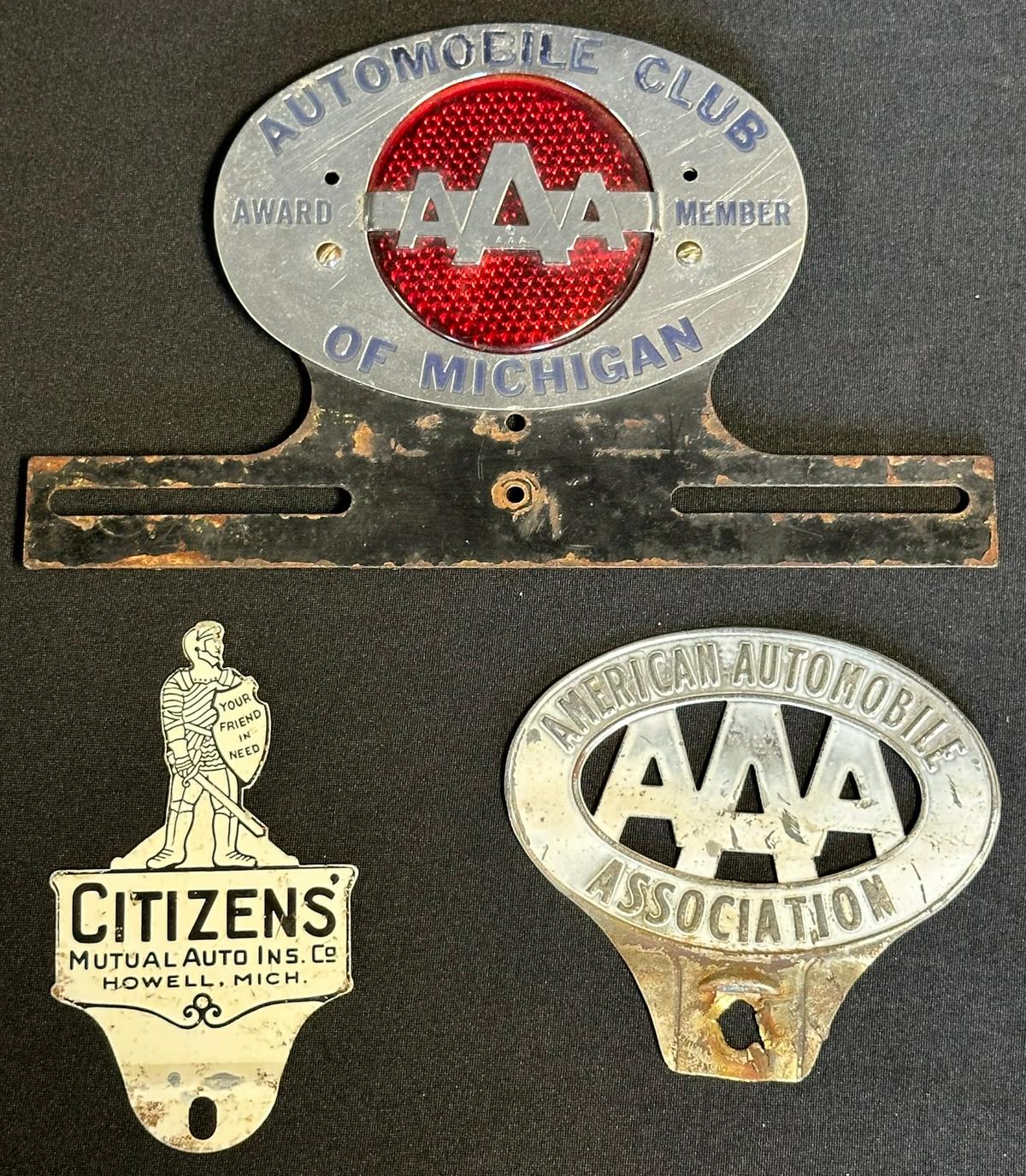 Lot 3 AAA & Citizens Mutual Auto Insurance Howell Michigan License Plate Toppers Ca. 1940s