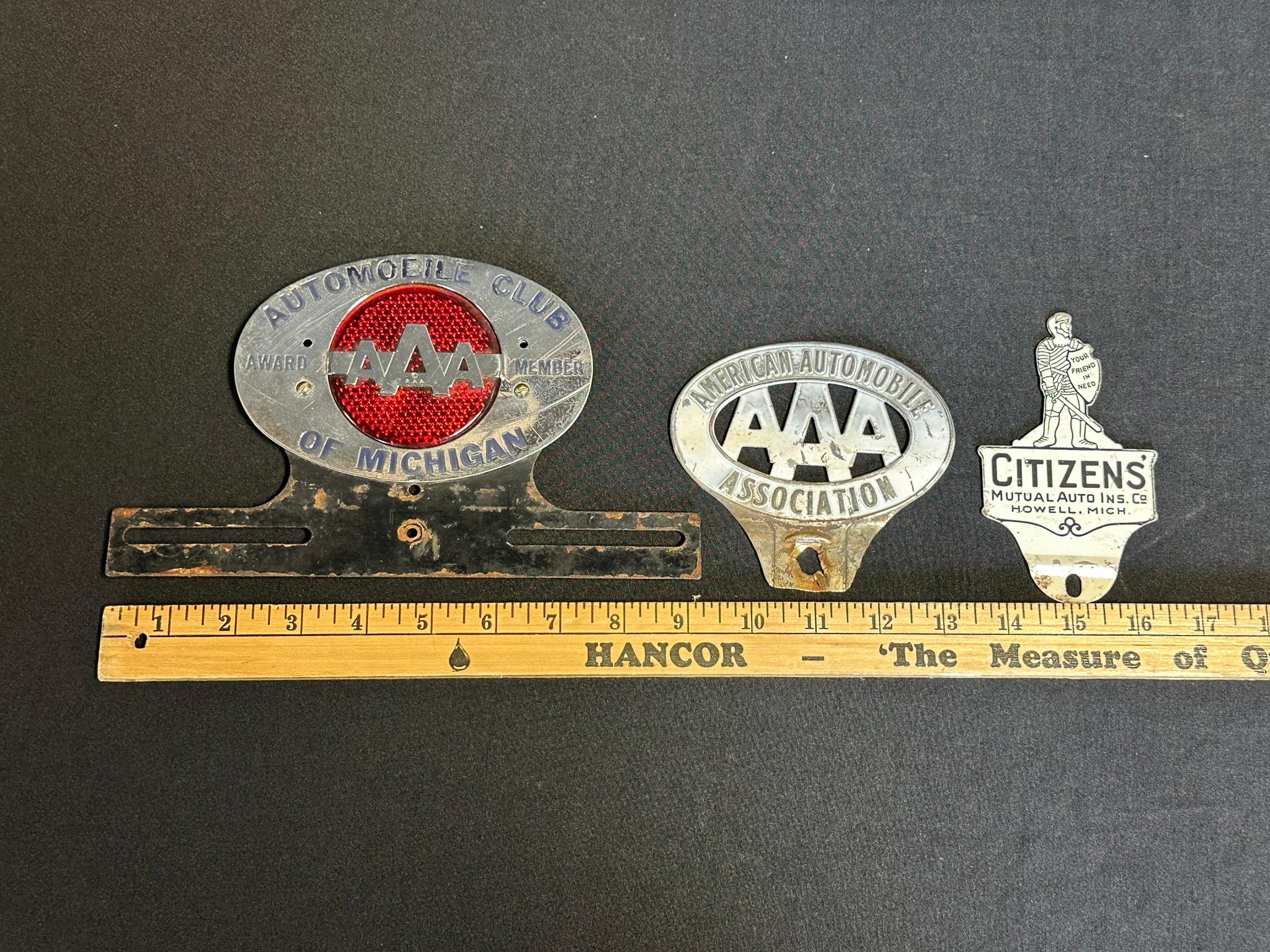 Lot 3 AAA & Citizens Mutual Auto Insurance Howell Michigan License Plate Toppers Ca. 1940s