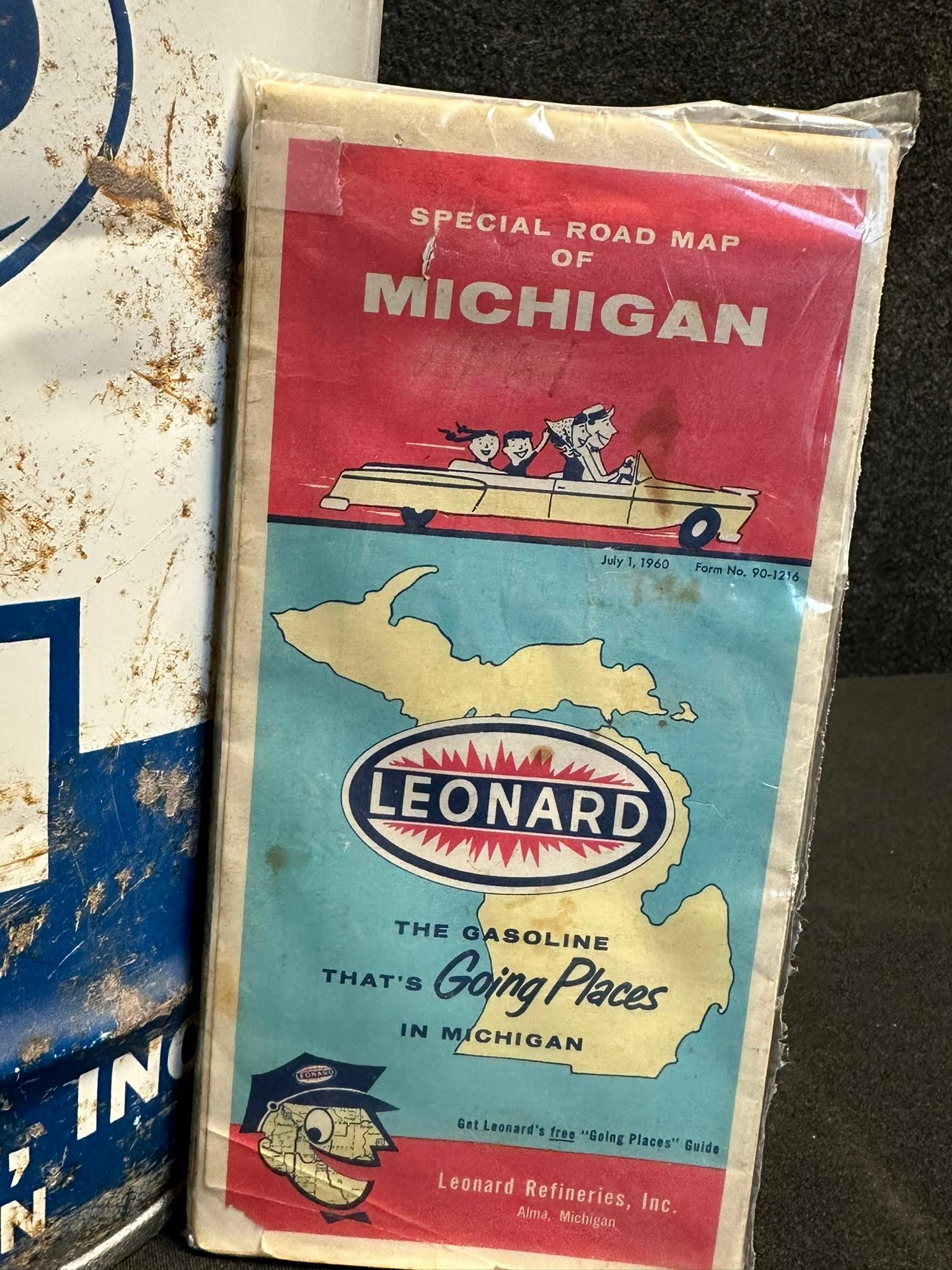 Pair Leonard Oil 5 Gallon Motor Oil Can + Original Gas Station Michigan Map