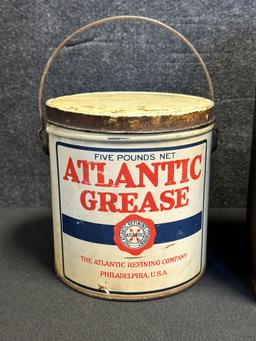 Pair Early 1920s Atlantic Grease 5 Lb Pail & Eureka Harness Oil 1 Gallon Can