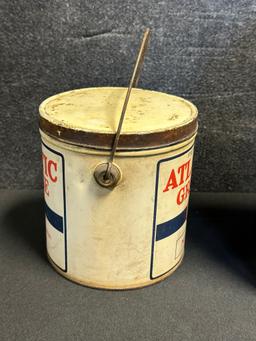 Pair Early 1920s Atlantic Grease 5 Lb Pail & Eureka Harness Oil 1 Gallon Can