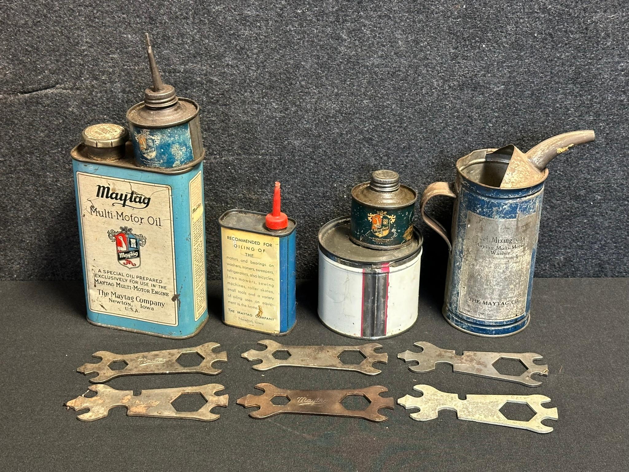 Lot 12 Maytag Oil Cans & Wrenches