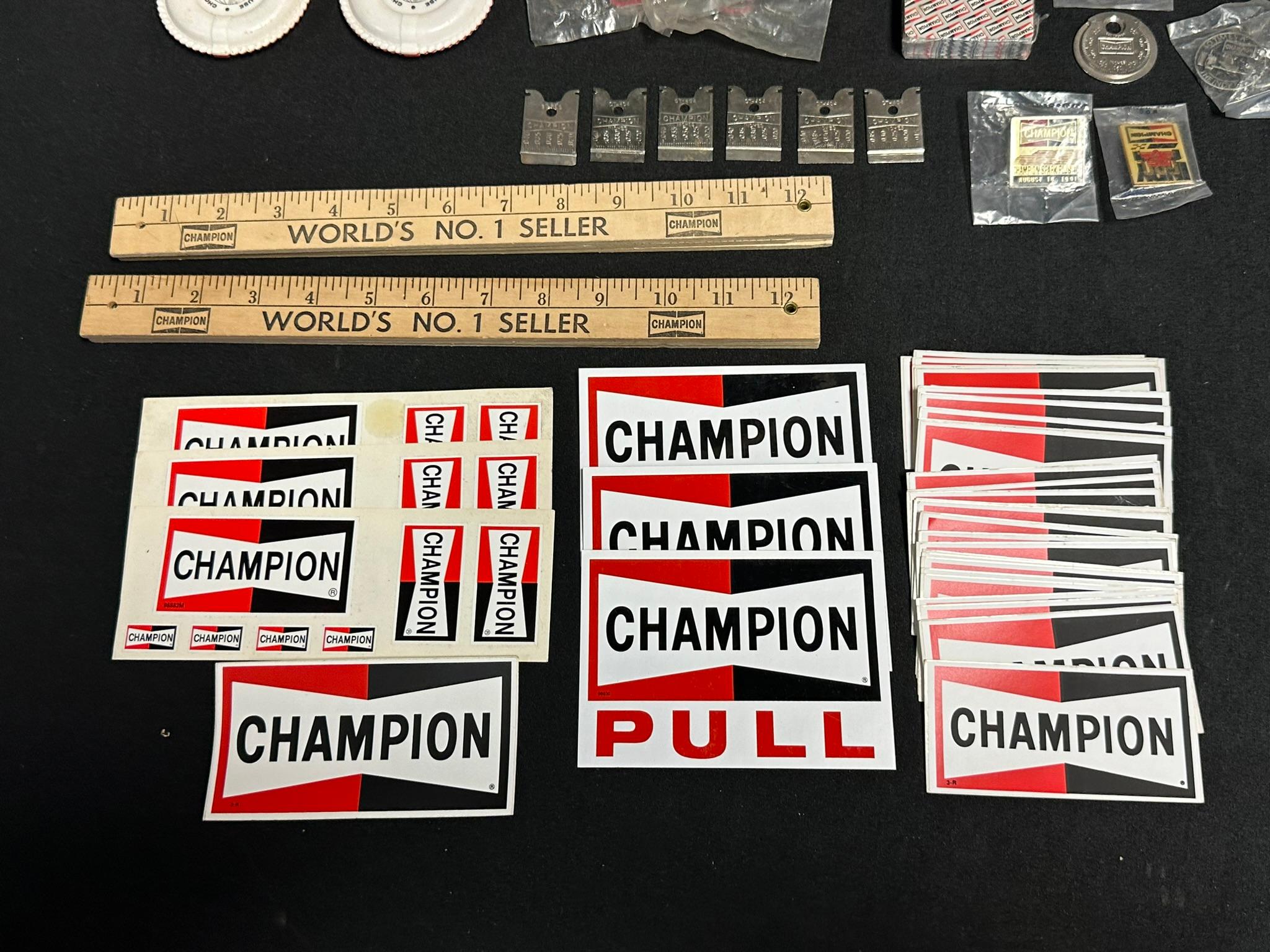 Massive Lot 60 Champion Spark Plug NOS 60s-70s Giveaways Stickers, Decals, Buttons, Rulers, Cards, E