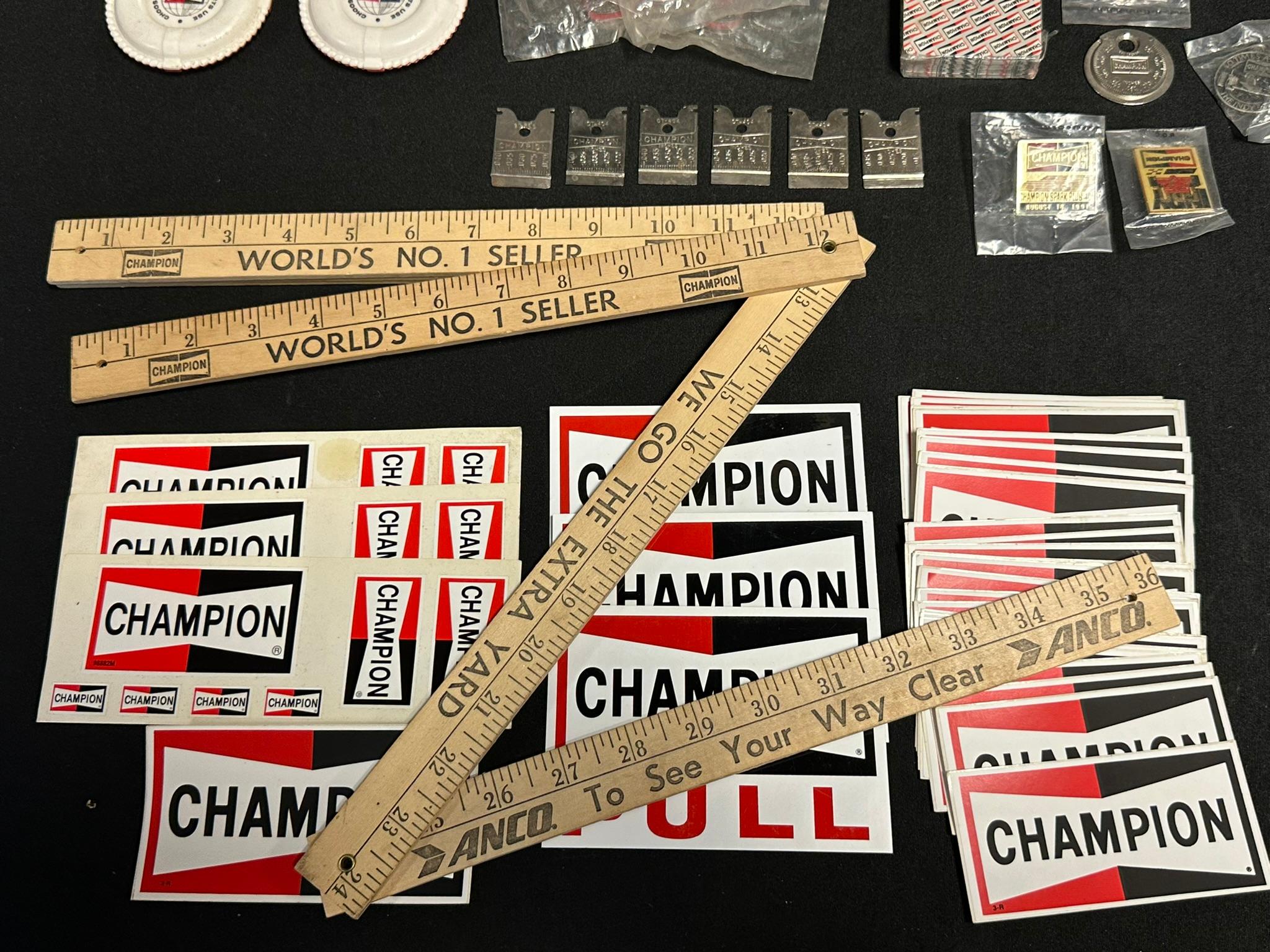 Massive Lot 60 Champion Spark Plug NOS 60s-70s Giveaways Stickers, Decals, Buttons, Rulers, Cards, E