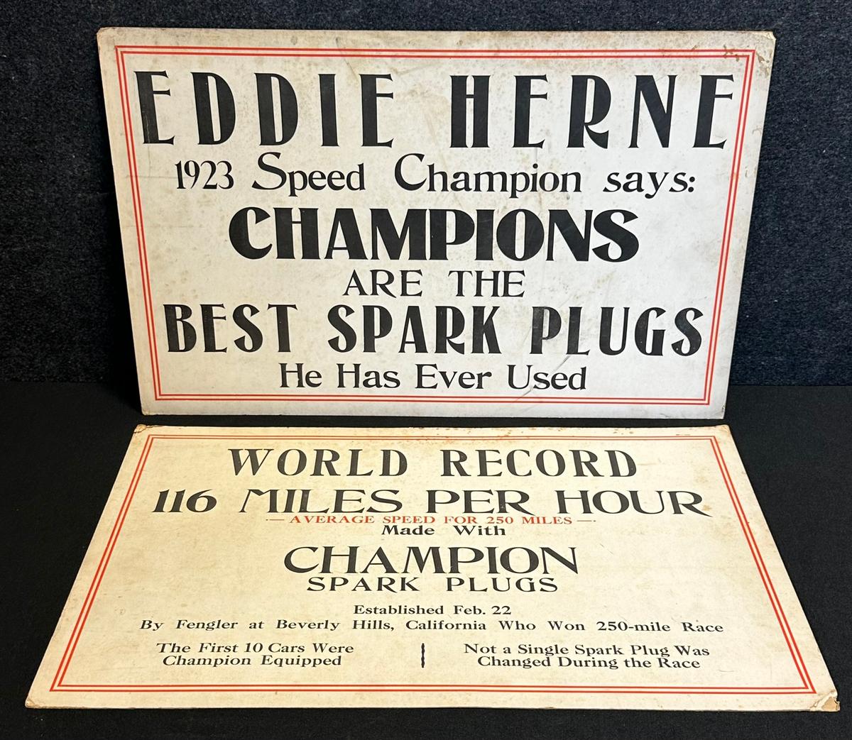 Pair Eddie Herne 1923 Champion Spark Plugs Advertising Cardstock Signs