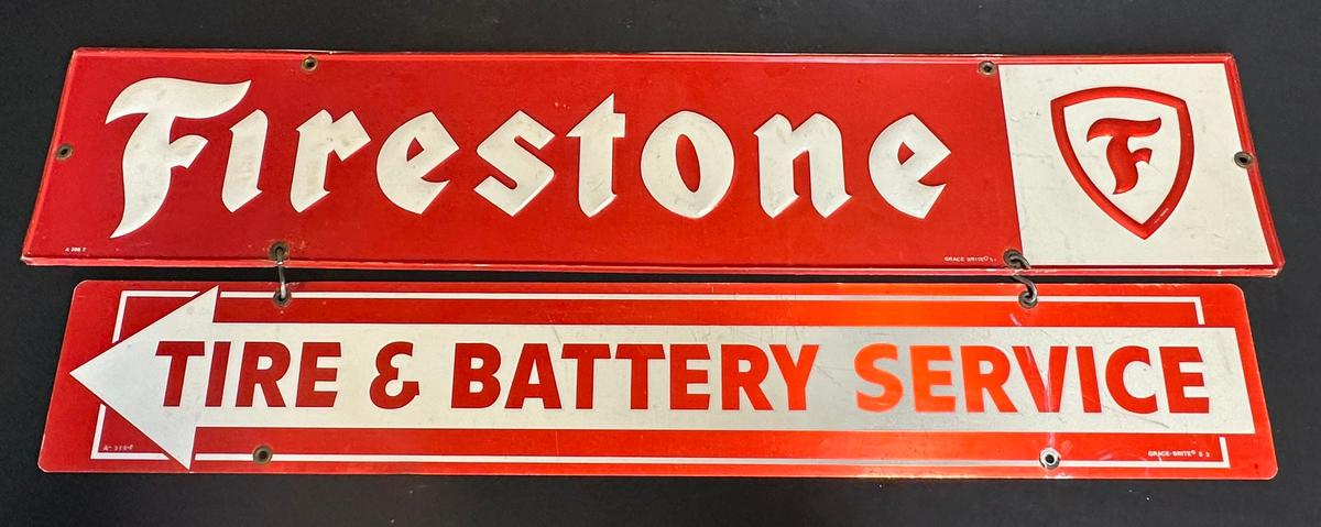 Firestone Embossed Tire & Battery Service Advertising Painted Metal Sign