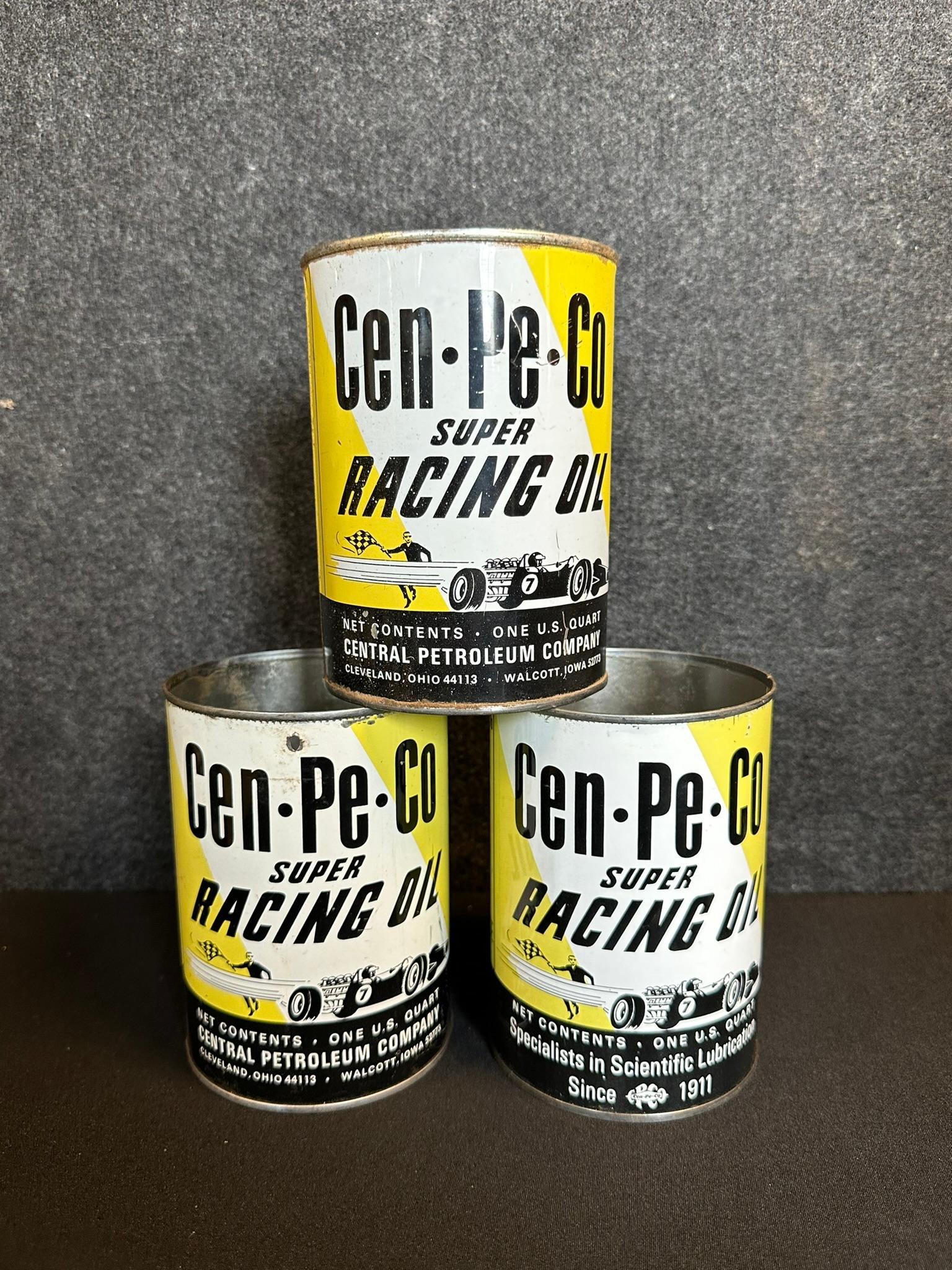 Lot 3 Cen-Pe-Co Super Racing Oil Metal Oil Cans w/ Race Car Graphics