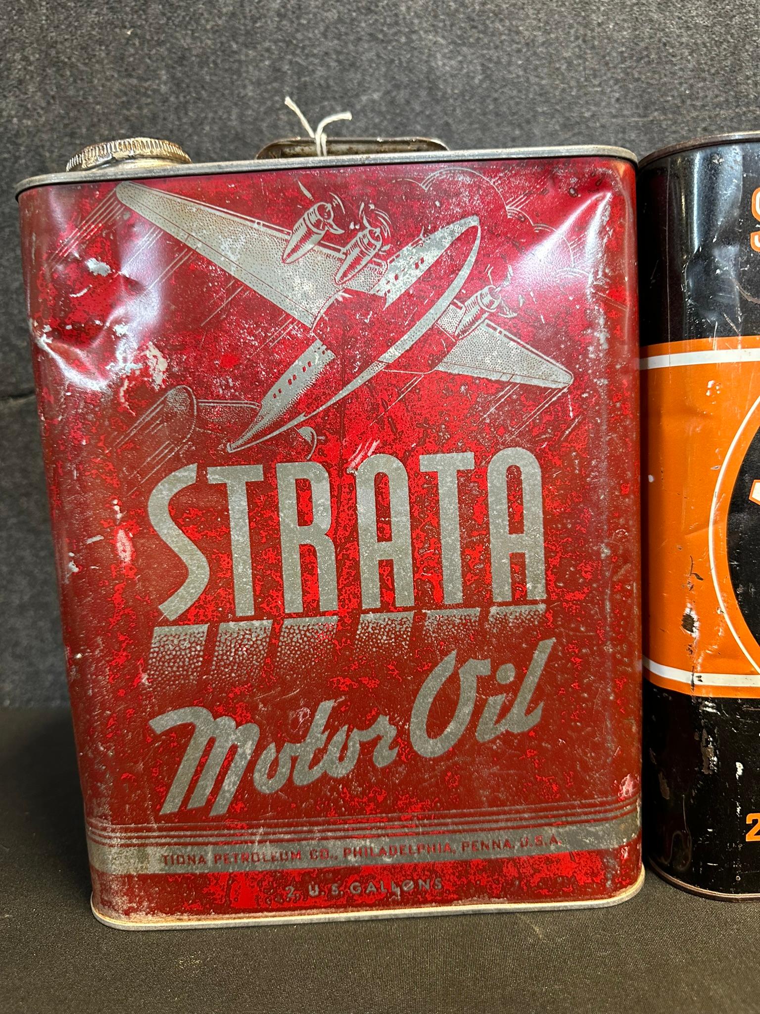 Pair Aero Eastern & Strata Motor Oil 2 Gallon Oil Cans w/ Airplane Graphics