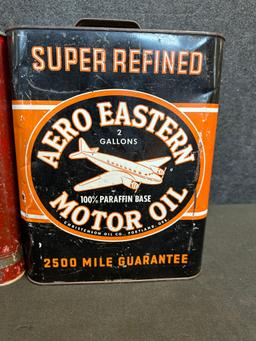 Pair Aero Eastern & Strata Motor Oil 2 Gallon Oil Cans w/ Airplane Graphics