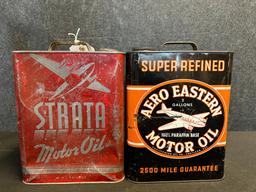 Pair Aero Eastern & Strata Motor Oil 2 Gallon Oil Cans w/ Airplane Graphics