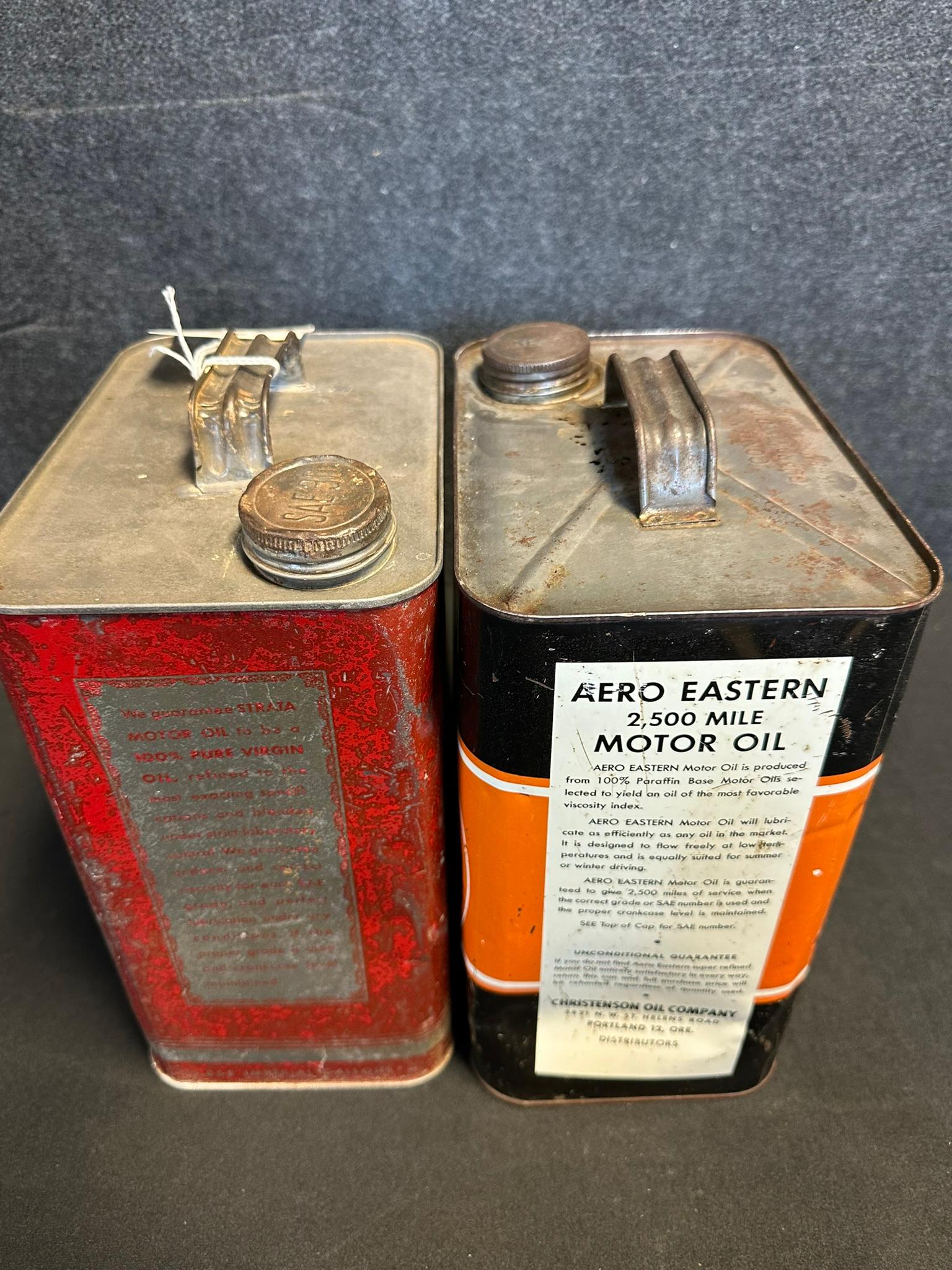 Pair Aero Eastern & Strata Motor Oil 2 Gallon Oil Cans w/ Airplane Graphics