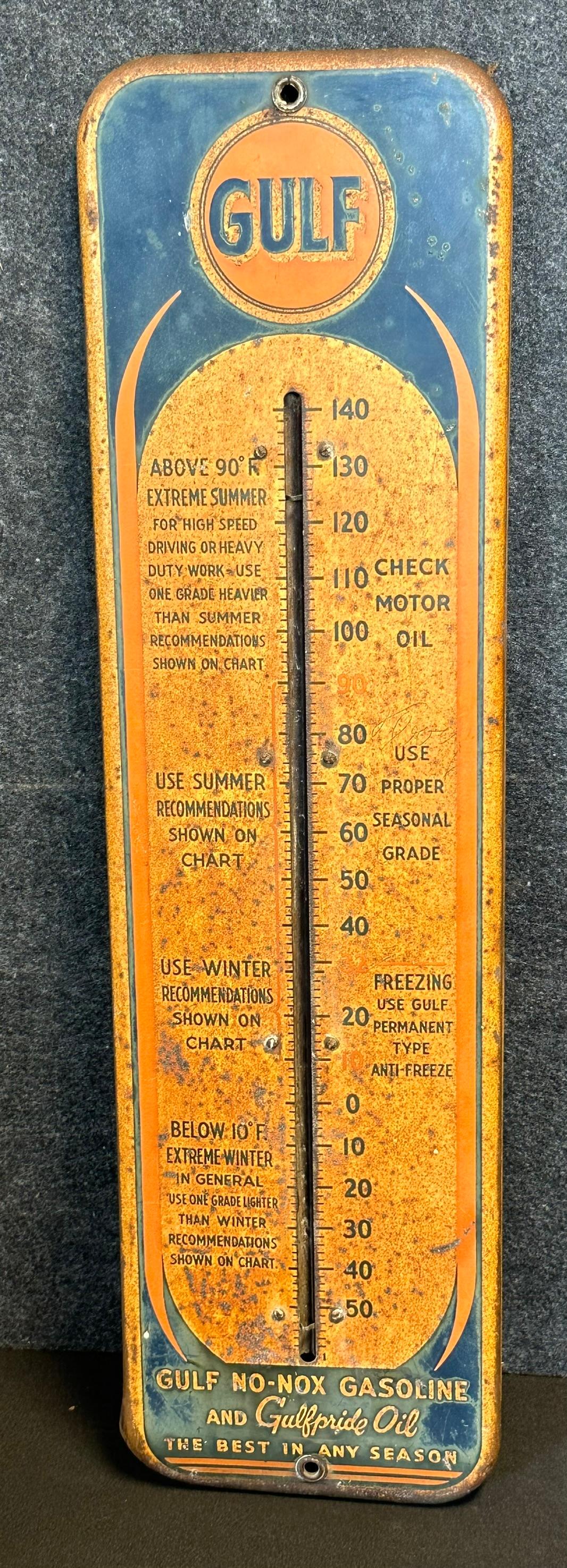 Gulf No Nox Gasoline & Gulfpride Oil Metal Advertising Thermometer Sign