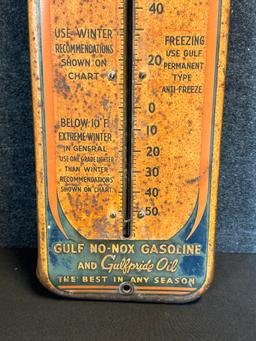 Gulf No Nox Gasoline & Gulfpride Oil Metal Advertising Thermometer Sign