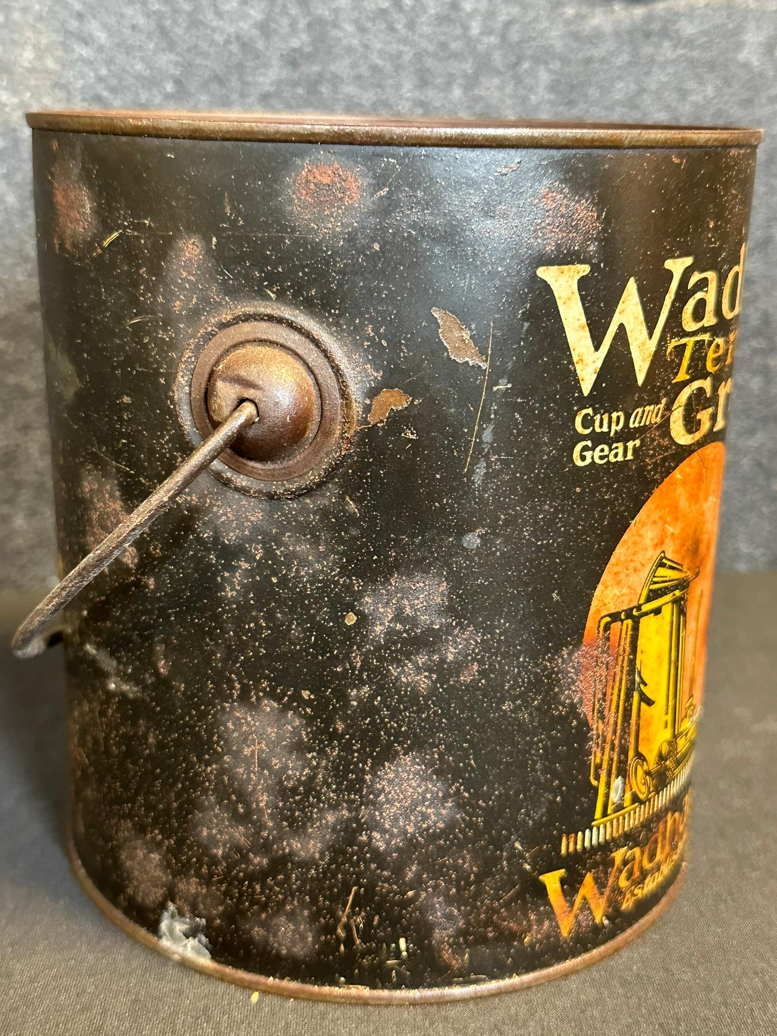 Wadham's Tempered Grease 5 Lb Ca. 1920s Grease Bucket w/ Bail Handle