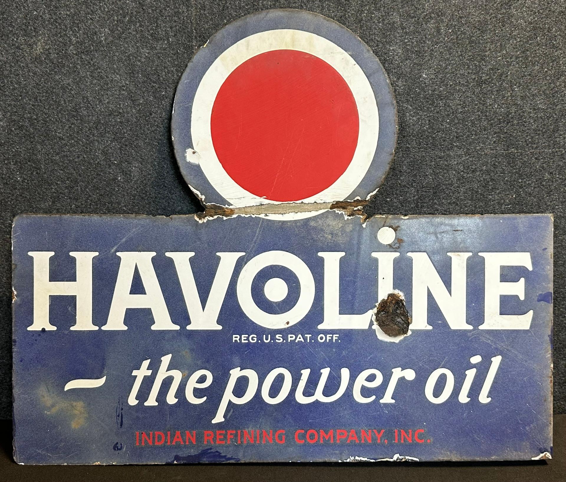 Havoline The Power Oil Indian Refining Co. Double Sided Porcelain 1920s Flange Sign