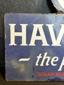 Havoline The Power Oil Indian Refining Co. Double Sided Porcelain 1920s Flange Sign