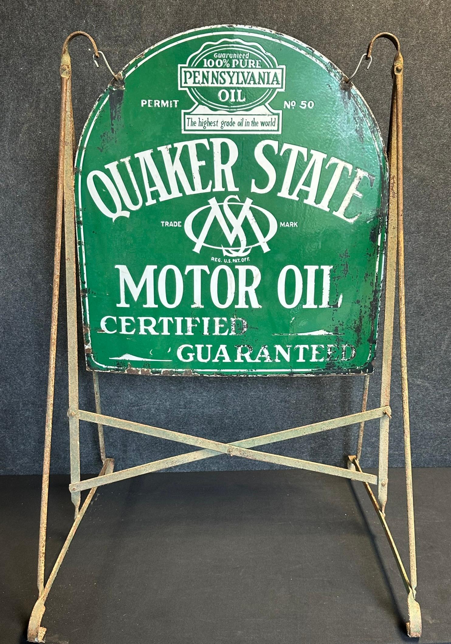 1930s Quaker State Motor Oil Curbside Double Sided Porcelain Advertising Sign w/ Original Frame