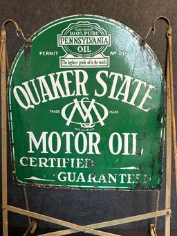 1930s Quaker State Motor Oil Curbside Double Sided Porcelain Advertising Sign w/ Original Frame