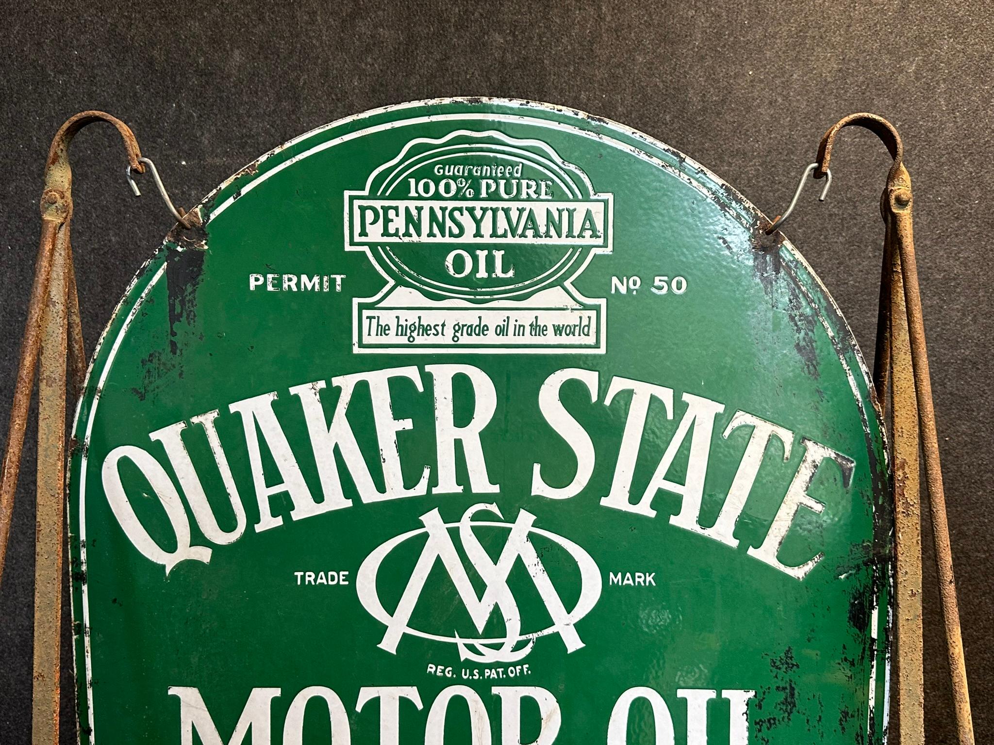1930s Quaker State Motor Oil Curbside Double Sided Porcelain Advertising Sign w/ Original Frame