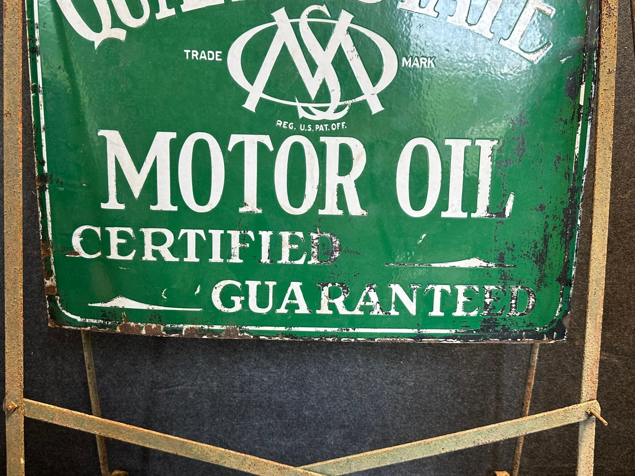 1930s Quaker State Motor Oil Curbside Double Sided Porcelain Advertising Sign w/ Original Frame