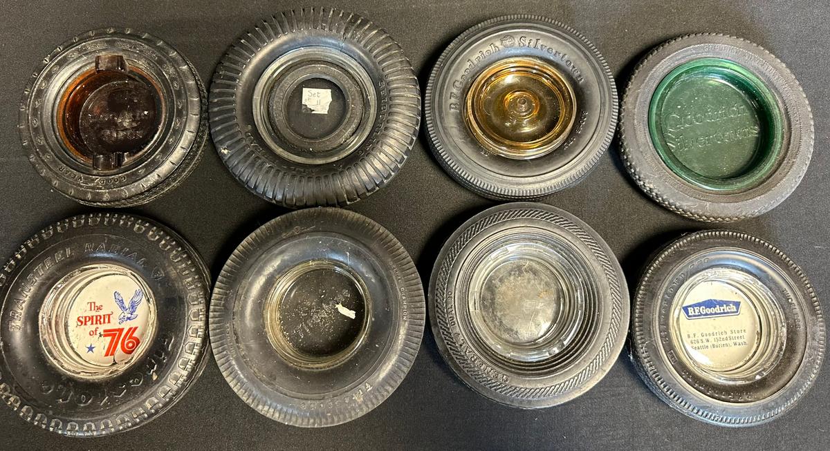 Lot 8 Early 1920s-30s-40s-50s Advertising Tire Ashtrays: BF Goodrich, Goodyear, Firestone, Etc.