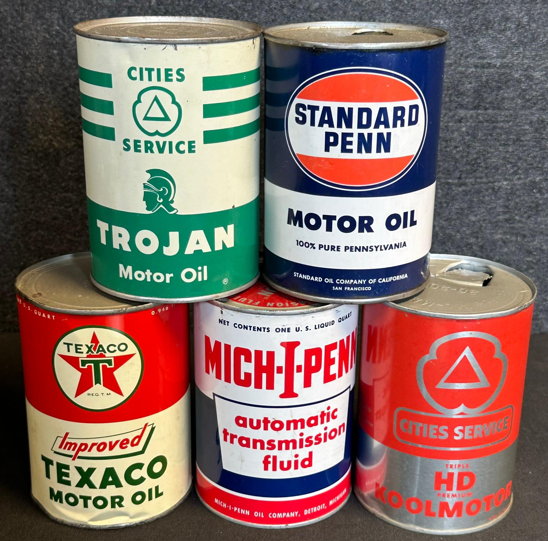 Lot 5 Vintage Quart Oil Cans: Cities Service Trojan & Koolmotor HD, Standard Penn, Texaco Improved,