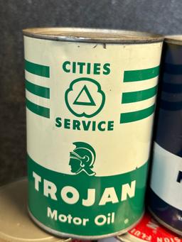 Lot 5 Vintage Quart Oil Cans: Cities Service Trojan & Koolmotor HD, Standard Penn, Texaco Improved,