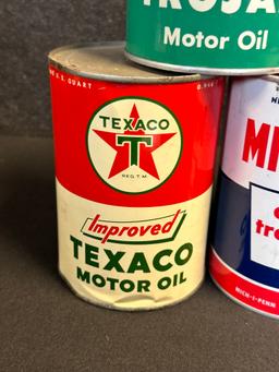 Lot 5 Vintage Quart Oil Cans: Cities Service Trojan & Koolmotor HD, Standard Penn, Texaco Improved,