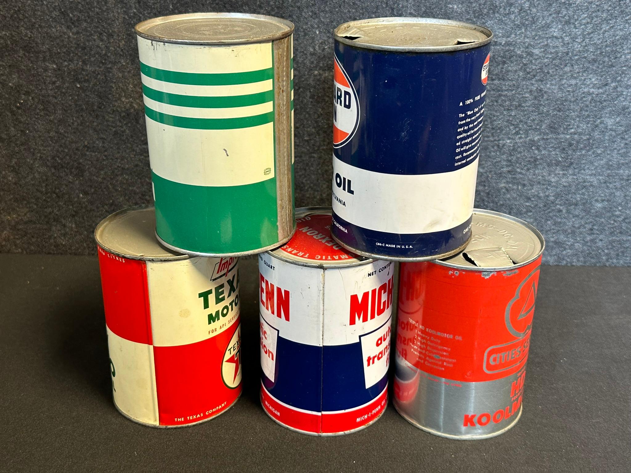 Lot 5 Vintage Quart Oil Cans: Cities Service Trojan & Koolmotor HD, Standard Penn, Texaco Improved,