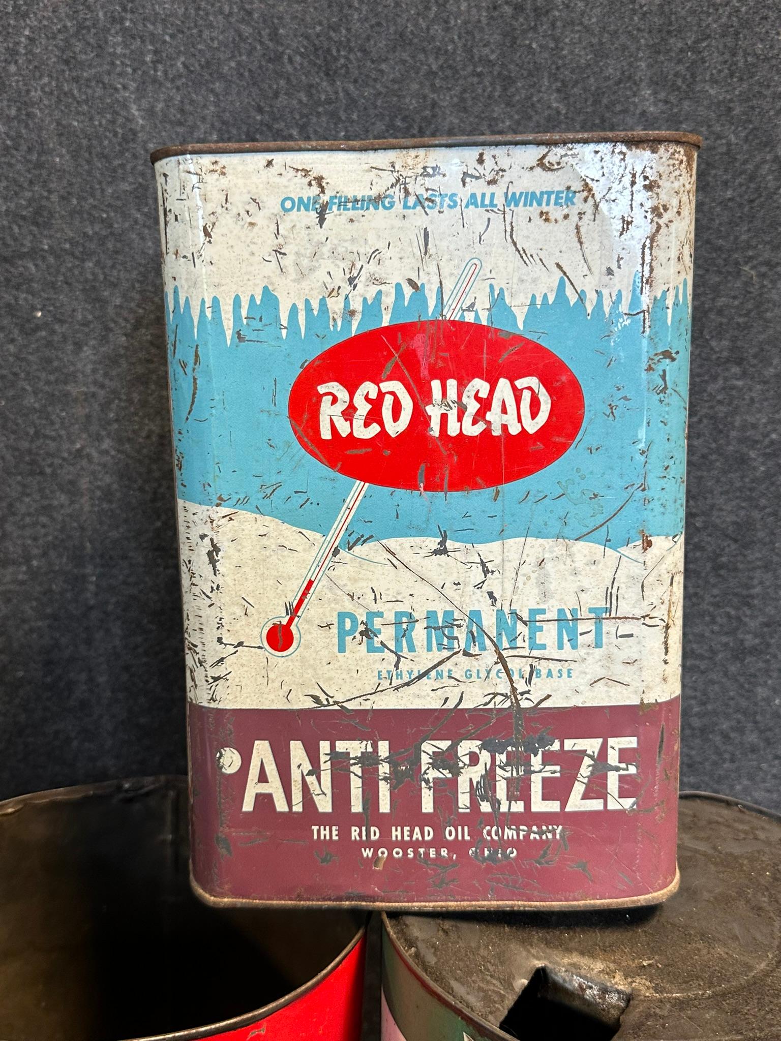 Lot of 7 Anti Freeze 1 Gallon Cans & Folk Art Atlas Quart Can Oiler Can: Redhead, Warlasco, Wakefiel