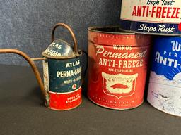 Lot of 7 Anti Freeze 1 Gallon Cans & Folk Art Atlas Quart Can Oiler Can: Redhead, Warlasco, Wakefiel
