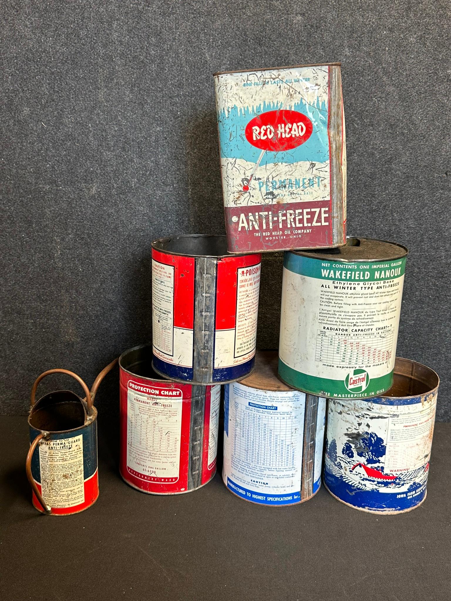 Lot of 7 Anti Freeze 1 Gallon Cans & Folk Art Atlas Quart Can Oiler Can: Redhead, Warlasco, Wakefiel