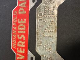 Pair 1920s-30s License Plate Toppers: Ford Punched Wainer Toledo Ohio & Indianapolis Riverside Park