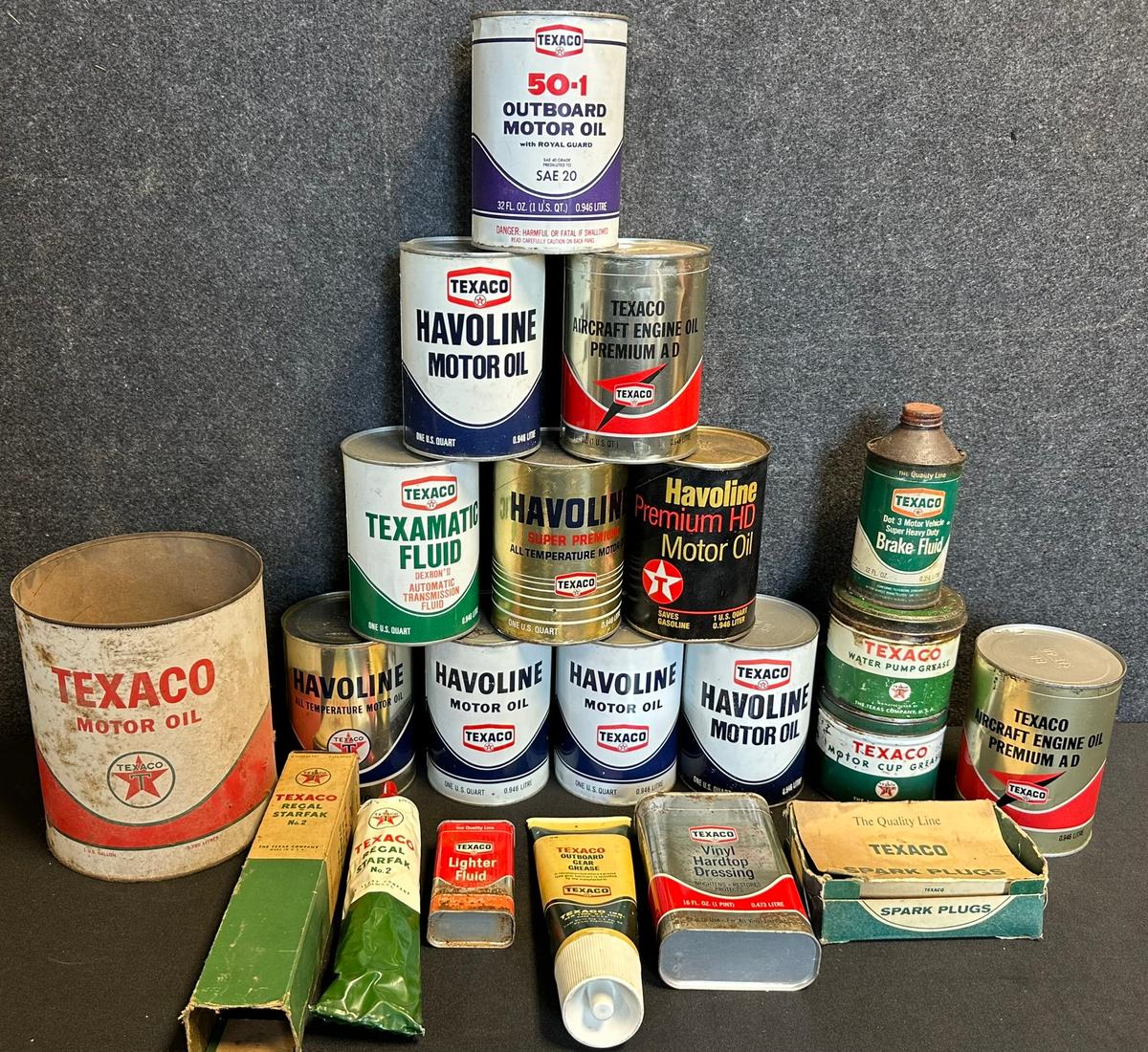 Lot 20 Texaco Early 1940s-60s Quart, Grease, Outboard, Spark Plugs & More