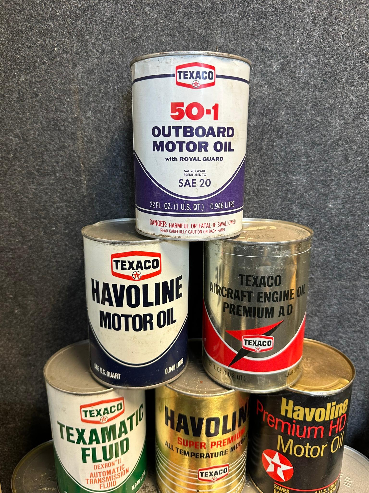 Lot 20 Texaco Early 1940s-60s Quart, Grease, Outboard, Spark Plugs & More