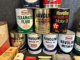 Lot 20 Texaco Early 1940s-60s Quart, Grease, Outboard, Spark Plugs & More