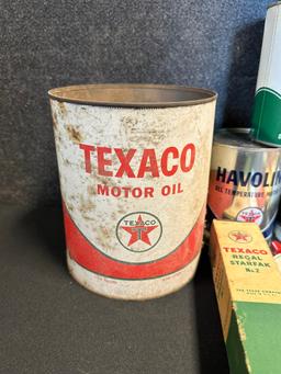 Lot 20 Texaco Early 1940s-60s Quart, Grease, Outboard, Spark Plugs & More