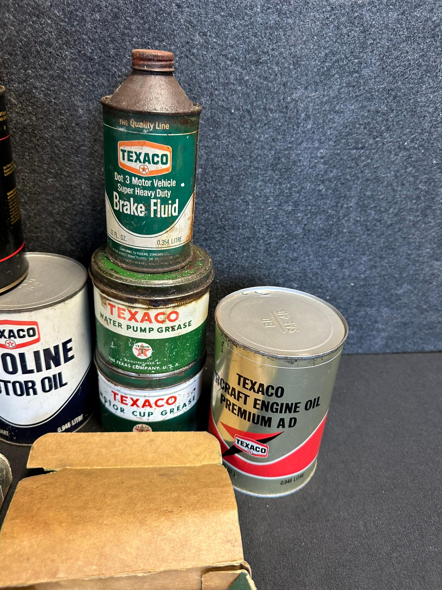 Lot 20 Texaco Early 1940s-60s Quart, Grease, Outboard, Spark Plugs & More