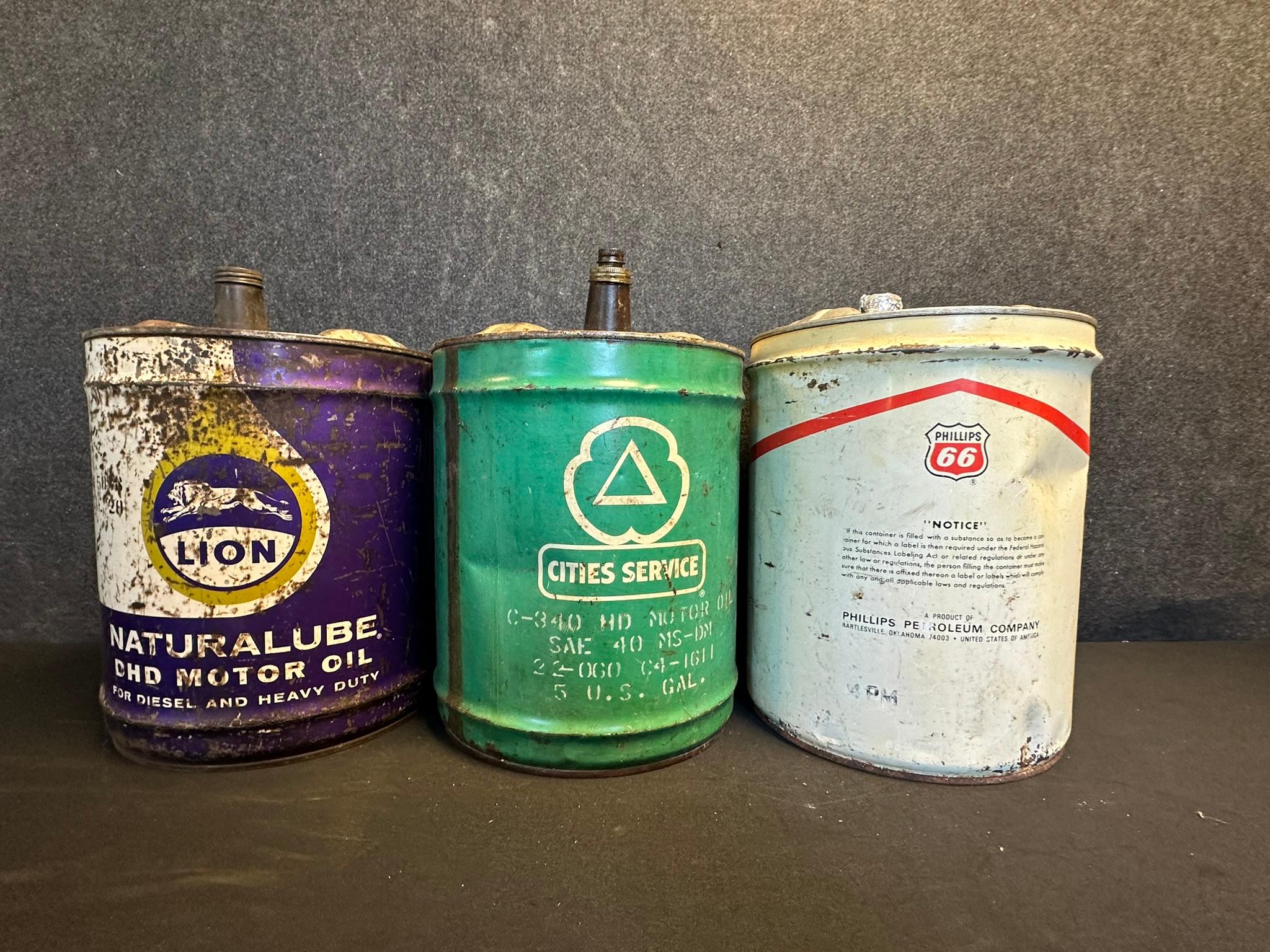 Lion Naturalube, Cities Service & Phillips 66 5 Gallon Motor Oil Can Lot