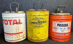 Total, Pennzoil & Reeves Lot of 3 5 Gallon Motor Oil Cans