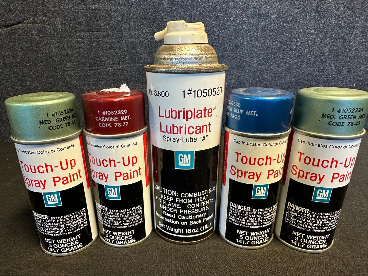 Lot of 5 GM Cans - 4 Touch Up NOS Cans & Lubriplate Lubricant Cans Ca. 1970s