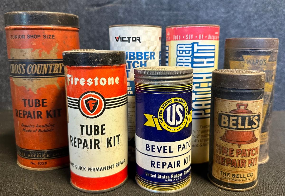 Lot 7 Early Metal Tire Tube Repair Kits Advertising Cans: Cross Country, Firestone, US, Bells & Ward