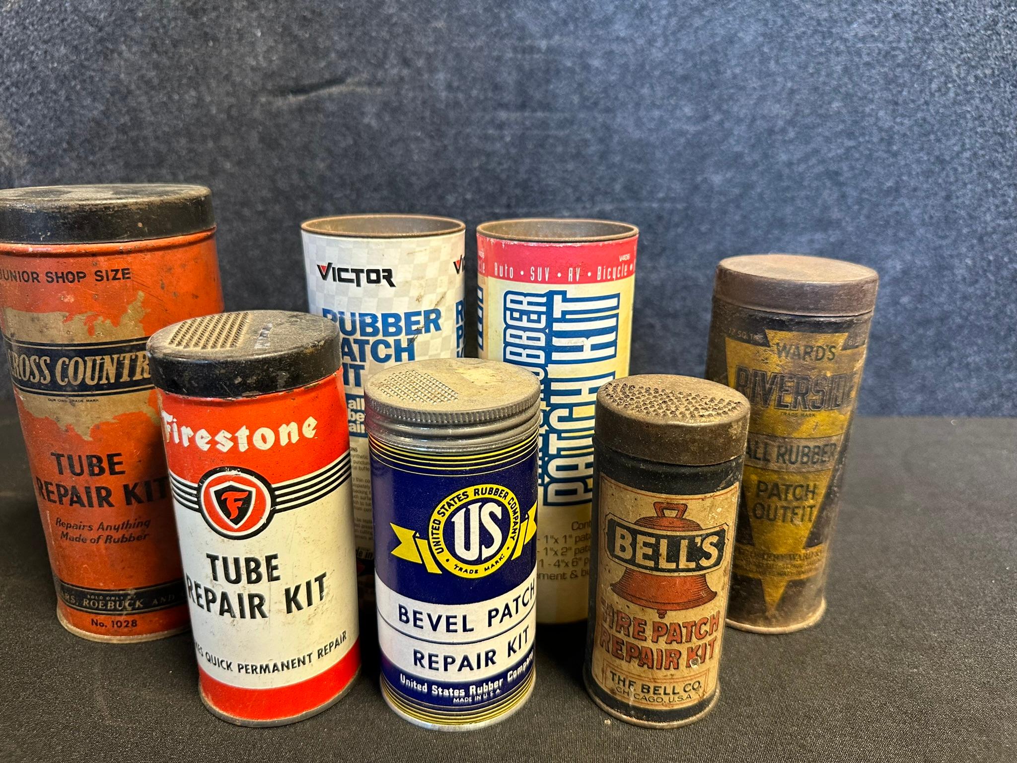 Lot 7 Early Metal Tire Tube Repair Kits Advertising Cans: Cross Country, Firestone, US, Bells & Ward