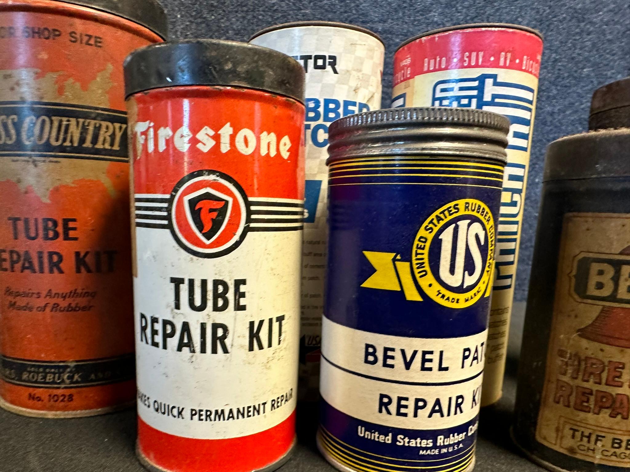 Lot 7 Early Metal Tire Tube Repair Kits Advertising Cans: Cross Country, Firestone, US, Bells & Ward