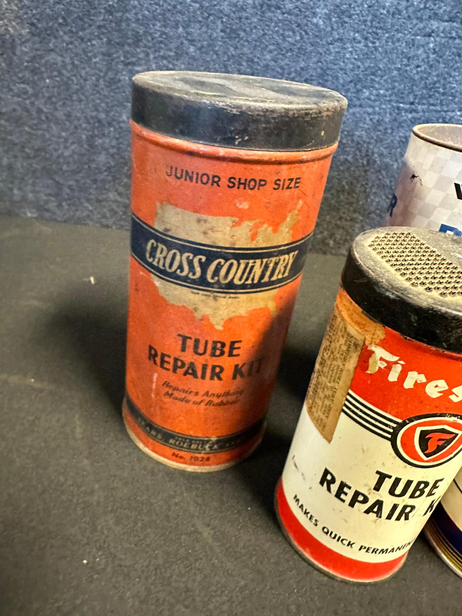 Lot 7 Early Metal Tire Tube Repair Kits Advertising Cans: Cross Country, Firestone, US, Bells & Ward