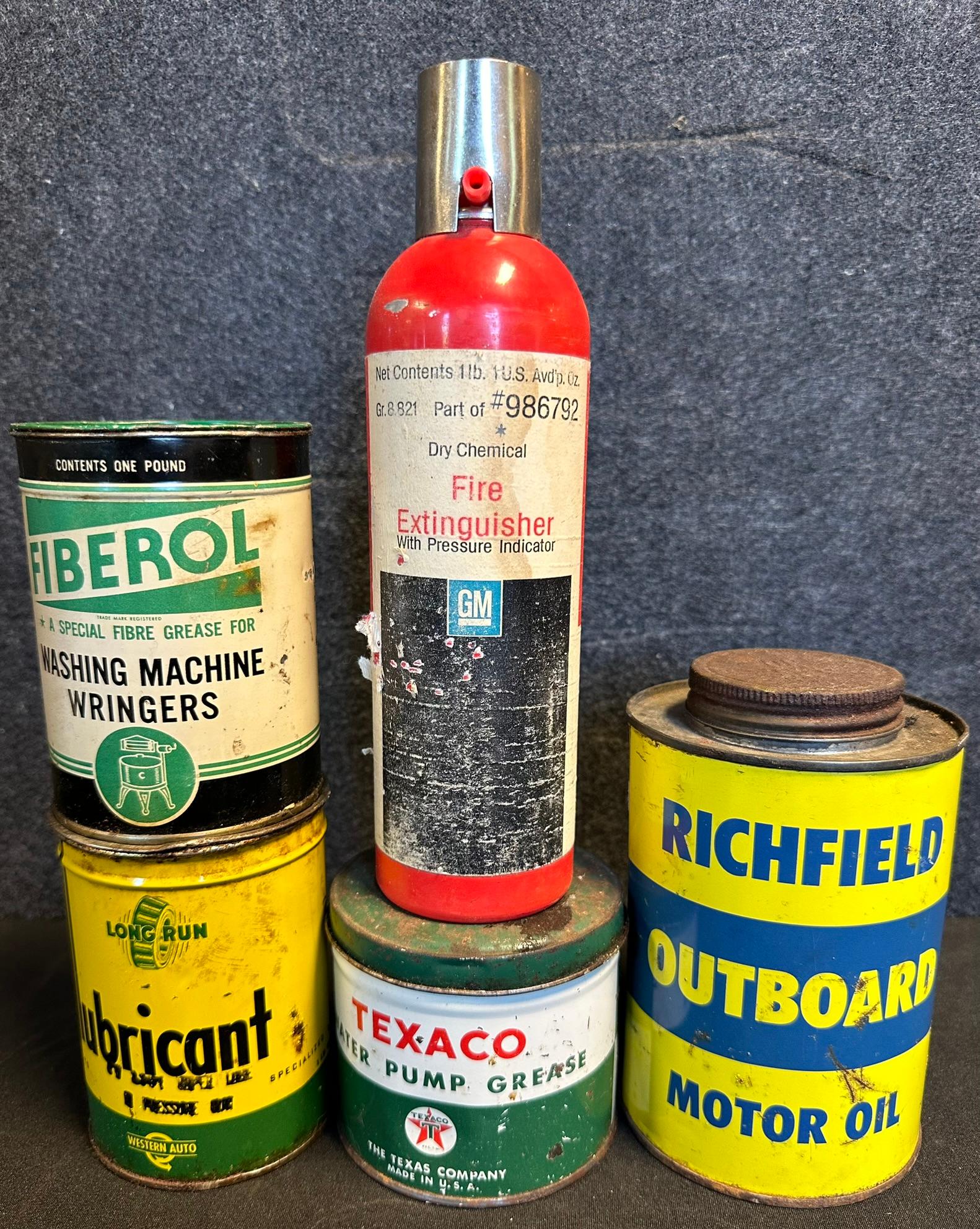 Lot 5 Early Advertising Oil Cans: Fiberol, Long Run Lubricant, GM Fire Extinguisher