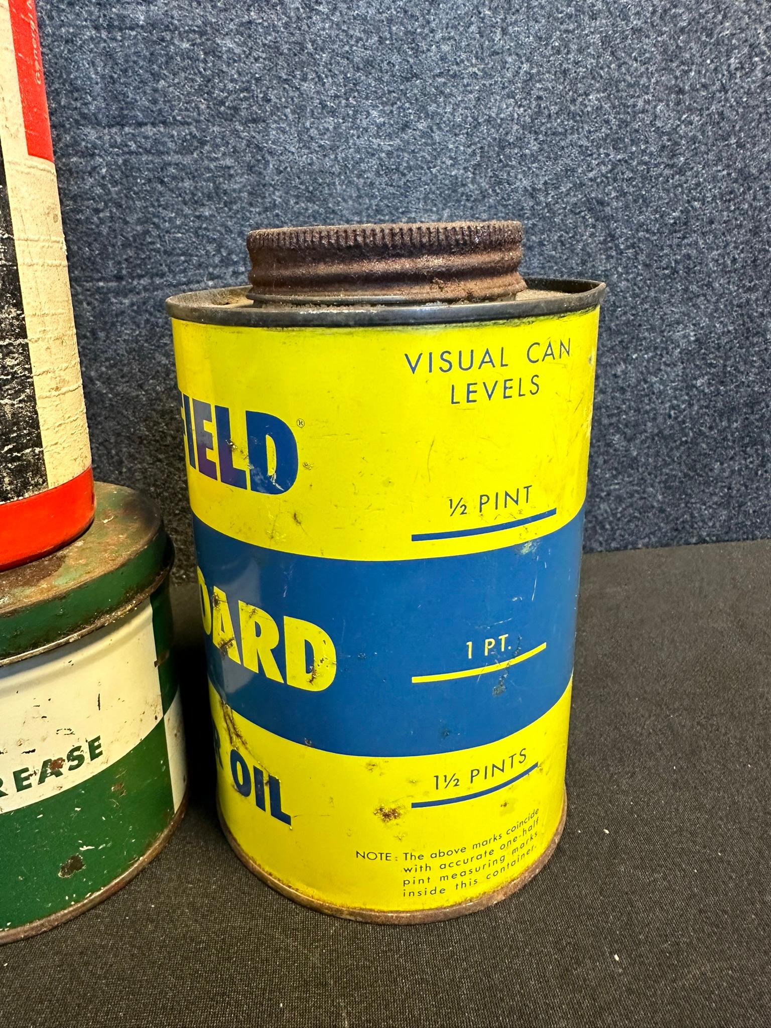 Lot 5 Early Advertising Oil Cans: Fiberol, Long Run Lubricant, GM Fire Extinguisher