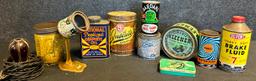 Lot 10 Early Advertising Items: Magno Grip Lite, Top Car Motor Oil Ashtray Can, Justrite Cigar, Nati