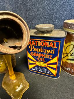 Lot 10 Early Advertising Items: Magno Grip Lite, Top Car Motor Oil Ashtray Can, Justrite Cigar, Nati