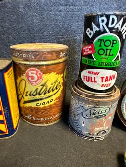 Lot 10 Early Advertising Items: Magno Grip Lite, Top Car Motor Oil Ashtray Can, Justrite Cigar, Nati